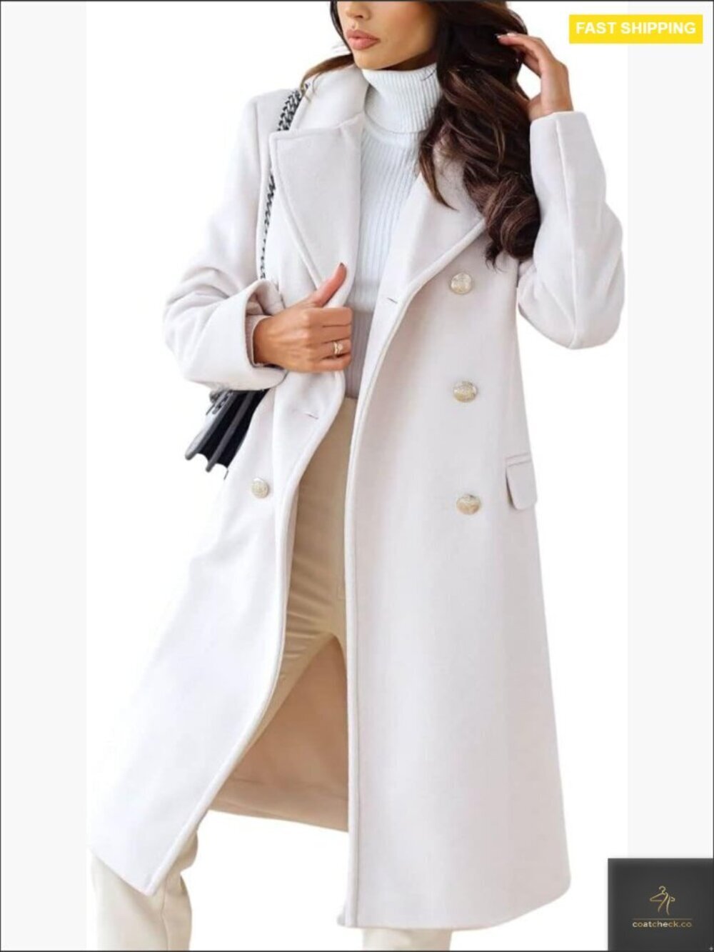Wool Pea Coat Double Breasted Office Work Long Overcoat Classic Elegant
